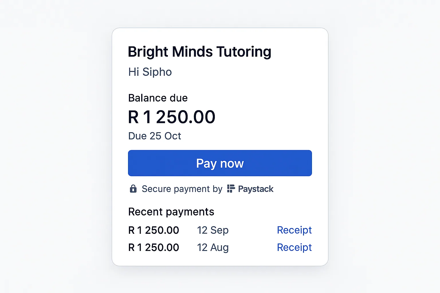 A parent's balance with a Pay now button and recent payments