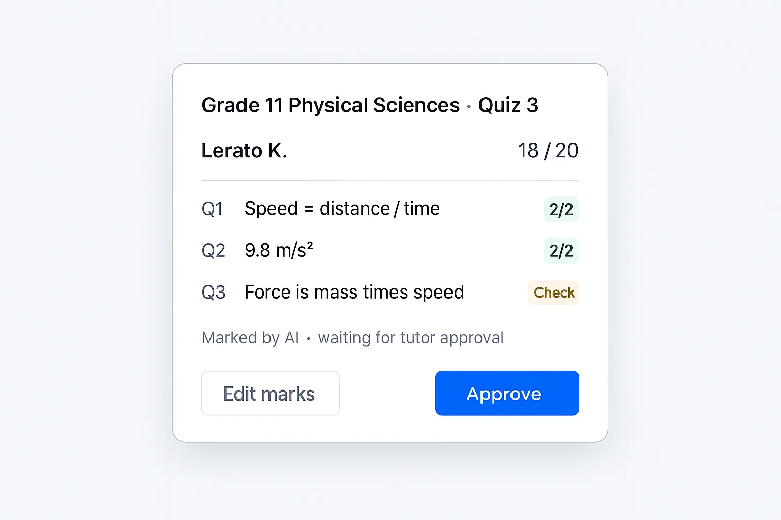 A quiz marked 18 out of 20 by AI, waiting for tutor approval
