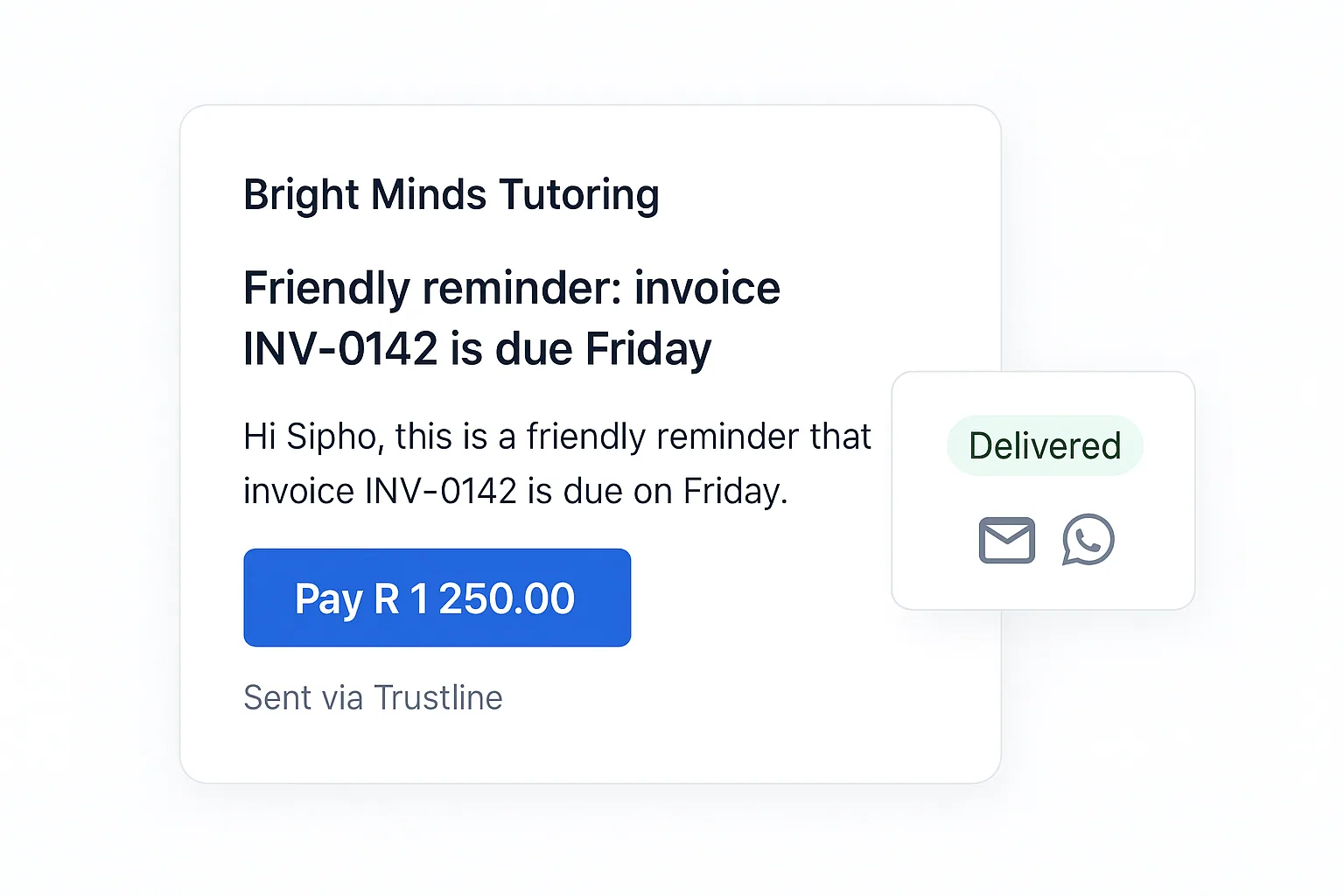 A payment reminder email with a Pay button, delivered by email and WhatsApp