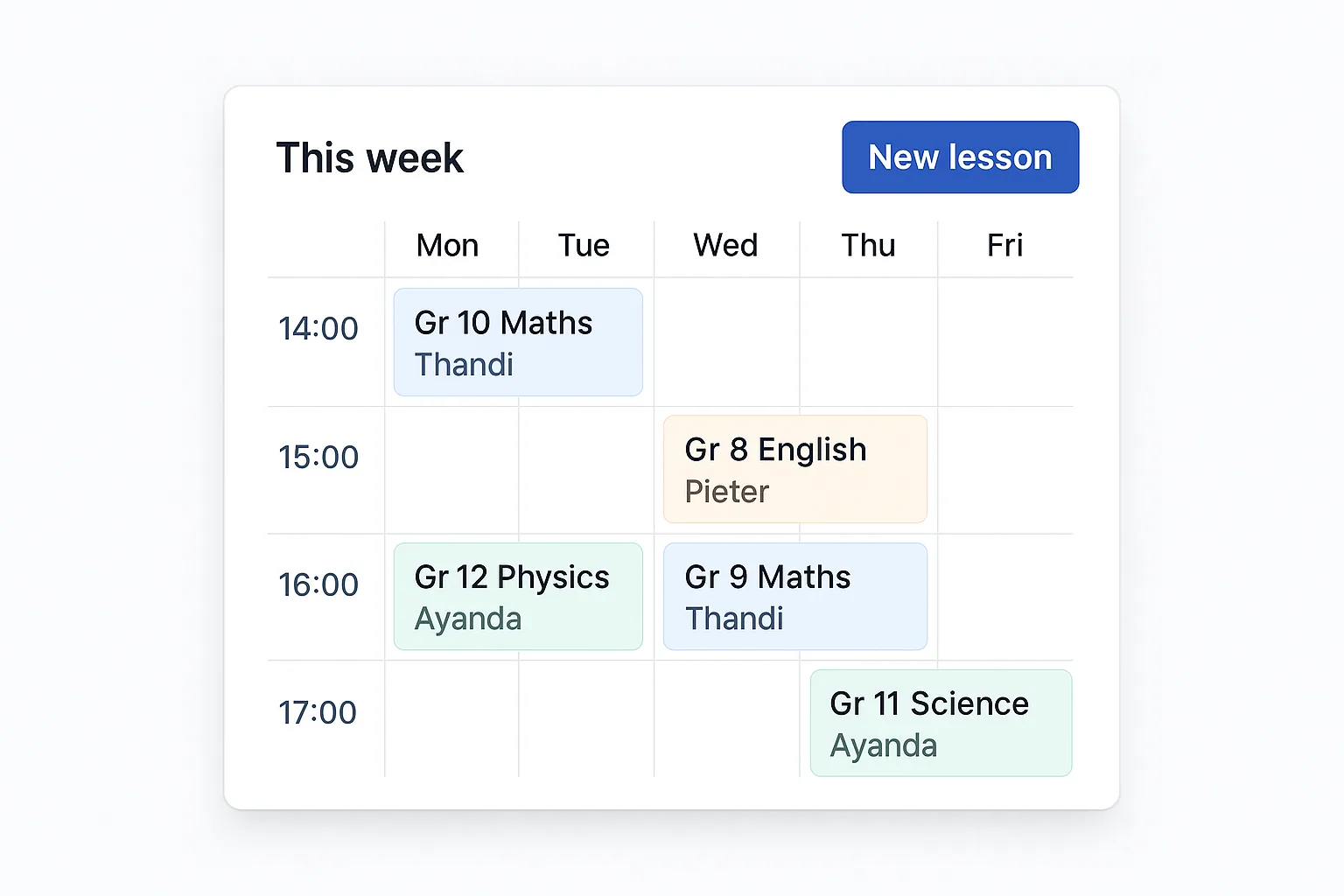 A weekly timetable of classes and tutors